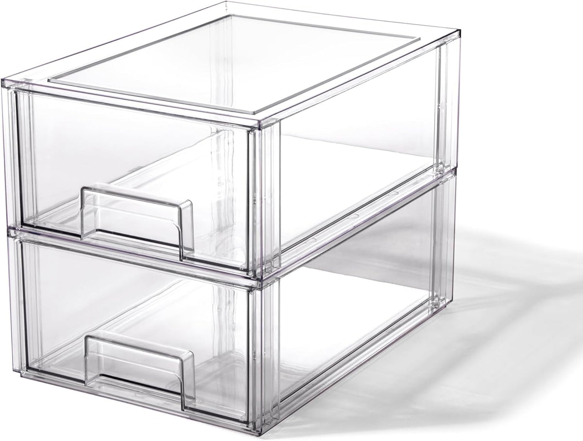 BINO | Stackable Storage Drawers, Large - 2 Pack, Clear | THE CRATE COLLECTION | Storage Bins With Drawers | Bathroom Organizers | Under Sink Organizer | Vanity Cabinet Home Organization
