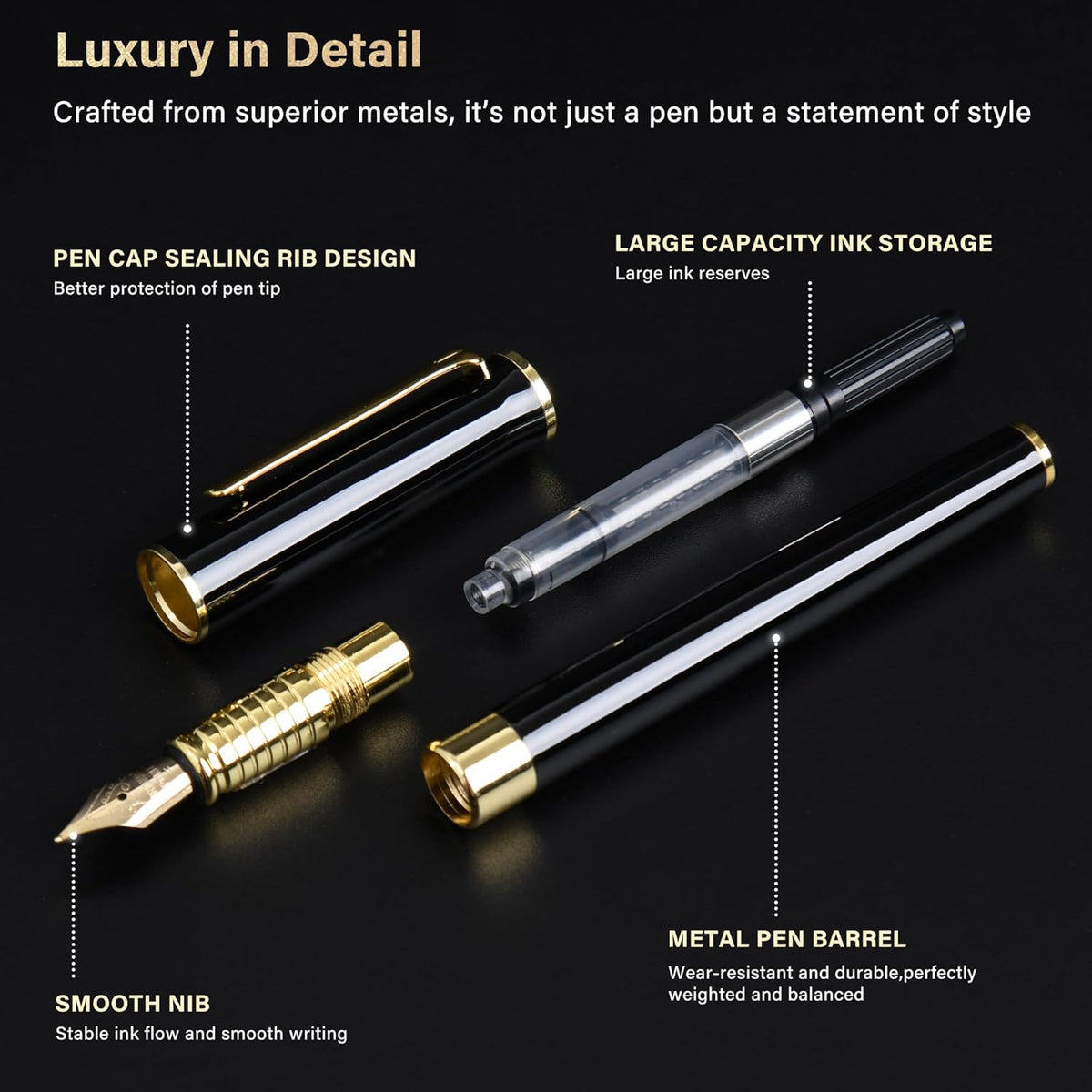 Black Fountain Pen Set, Medium Nib, Includes 10 Ink Cartridges, 2 Ink Refill Converter and Premium Gift Box, Luxury Pen Perfect for Men and Women