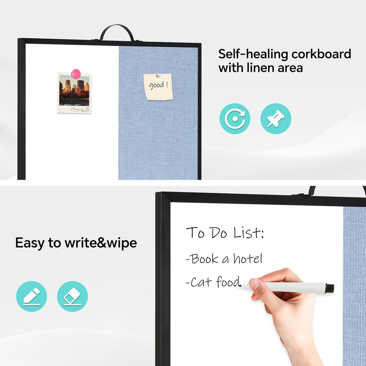 White Board Linen Bulletin Board Combo, 16"x12", Double-Sided Magnetic Dry Erase Cork Board for Walls, Aluminum Frame Small Pin Board with Handles for Home, Office, School, Light Blue Felt