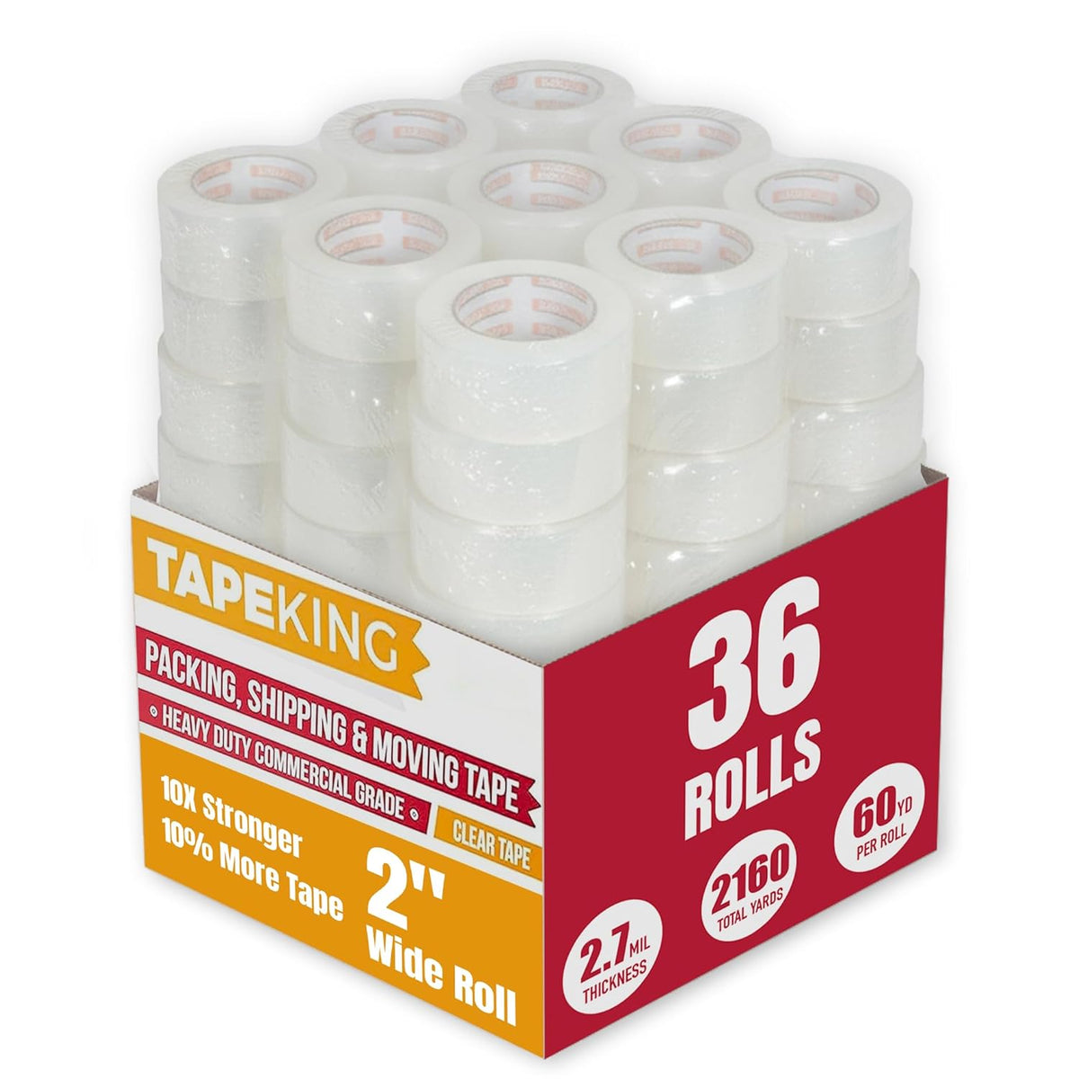 Tape King Clear Packing Tape (36 Rolls) | 60 Yards Per Roll Heavy Duty Packing Tape 2.7mil Strong Adhesive for Moving Boxes, Shipping Cartons, Office Use, Storage & Wrapping (2160 Yard)