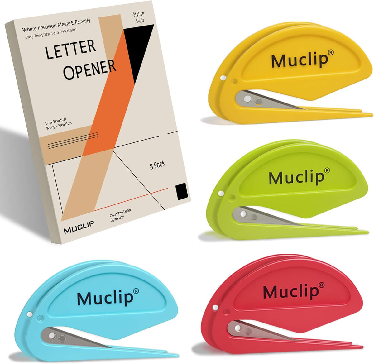 8 Pack Letter Opener Envelope Slitter - Ergonomic ABS Grip, Hidden Stainless Steel Blade,Fast Opener for Envelope,Letter，Mail,Package,Ideal for Office,Home,Business (Boxed)