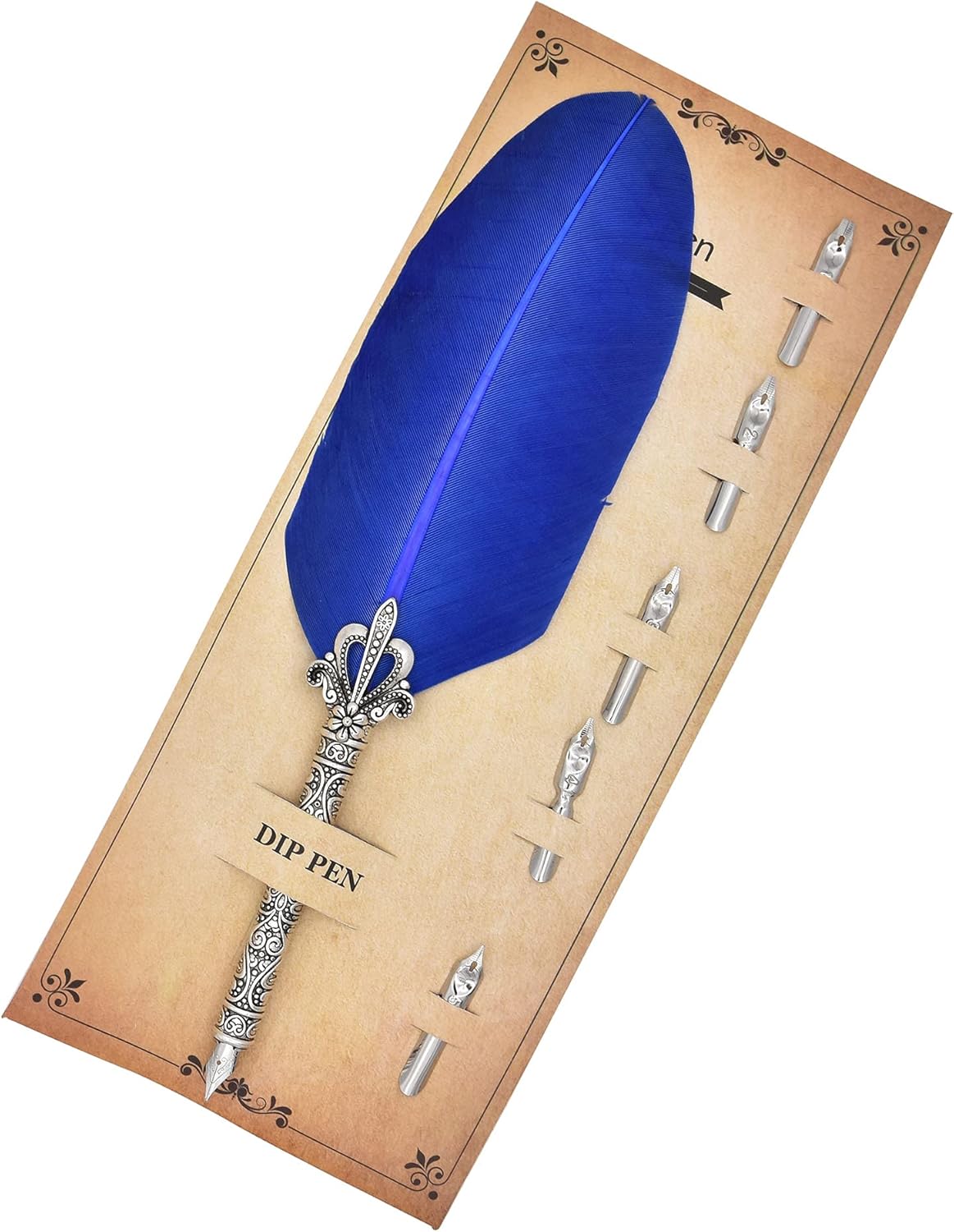 Gullor Calligraphy Feather Quill Pen and 5 Calligraphy Nibs for Beginners Kids Calligraphy Writing Quill Dip Pen Set, Blue