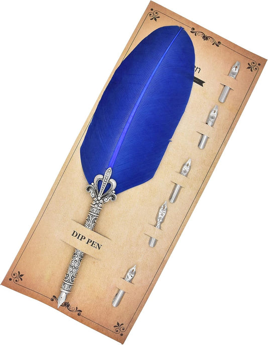 Gullor Calligraphy Feather Quill Pen and 5 Calligraphy Nibs for Beginners Kids Calligraphy Writing Quill Dip Pen Set, Blue
