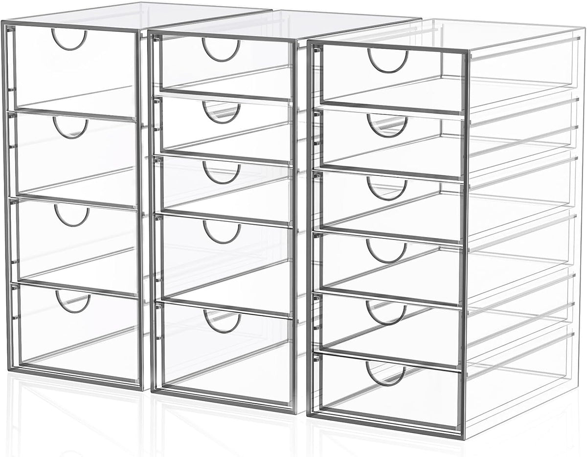Acrylic 3 Pack Desk Organizers and Accessories, Makeup Organizer Storage With 15 Drawers, Desk Organizers, Dustproof Drawer Organizer and Storage for Make Up, Jewelry, DIY Pen