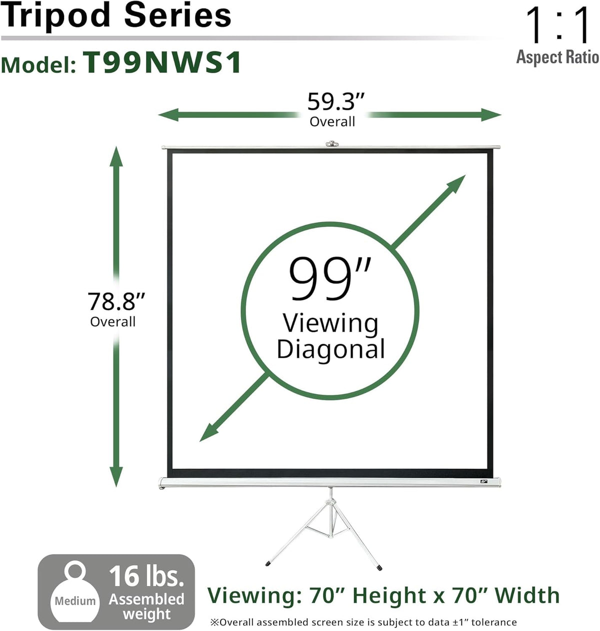 Elite Screens Tripod Series, 99-INCH 1:1, 16:9, 4:3 Adjustable Multi Aspect Ratio Portable Indoor Outdoor Projector Screen, 8K / 4K Ultra HD 3D Ready, US Based Company 2-Year Warranty, T99NWS1 -White