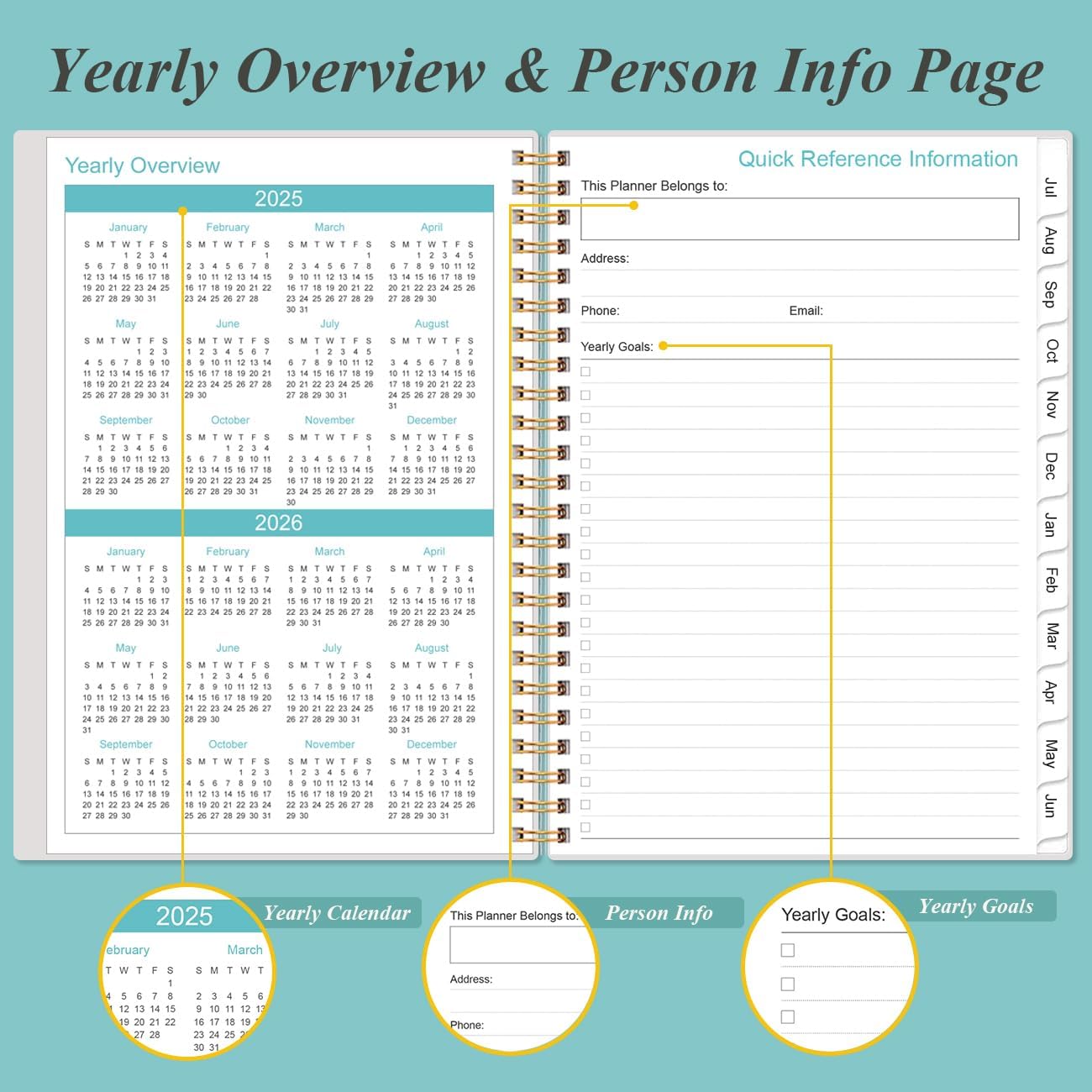 Planner 2025-2026 - July 2025 - June 2026, Academic Planner 2025-2026 with Flexible Cover, Tabs, Inner Pocket, Spiral Bound, 6.4" x 8.5", Teal Flowers