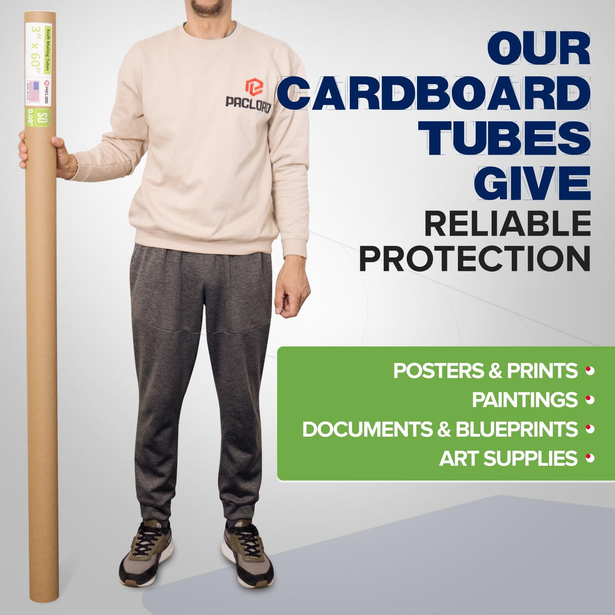 3" x 60" Reinforced Kraft Paper Mailing Tube, Pack of 4 Tubes with 8 Caps – Secure USPS Approved Poster Tube – Cardboard Tube for Shipping and Storing Posters, Prints, Artwork, or Documents