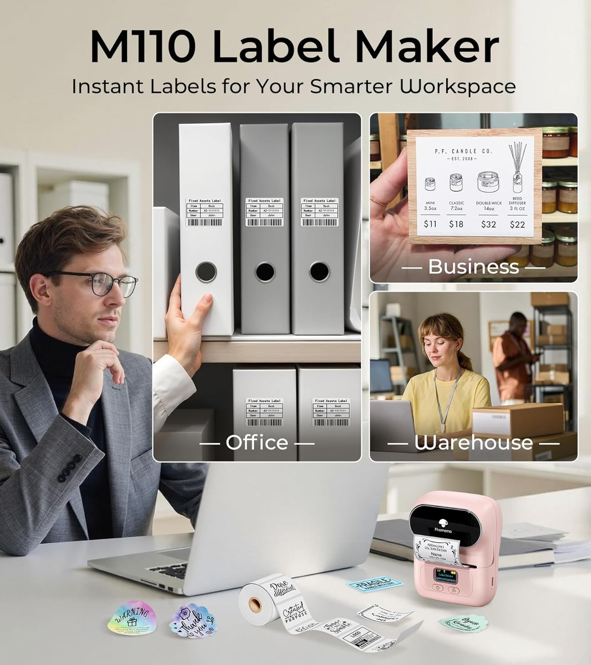 Phomemo Thermal Label Maker - M110 Barcode Label Printer Portable Bluetooth Labeler Maker Machine for for Small Business, Address, Logo, Clothing, Mailing, with 40x30mm Label, Pink
