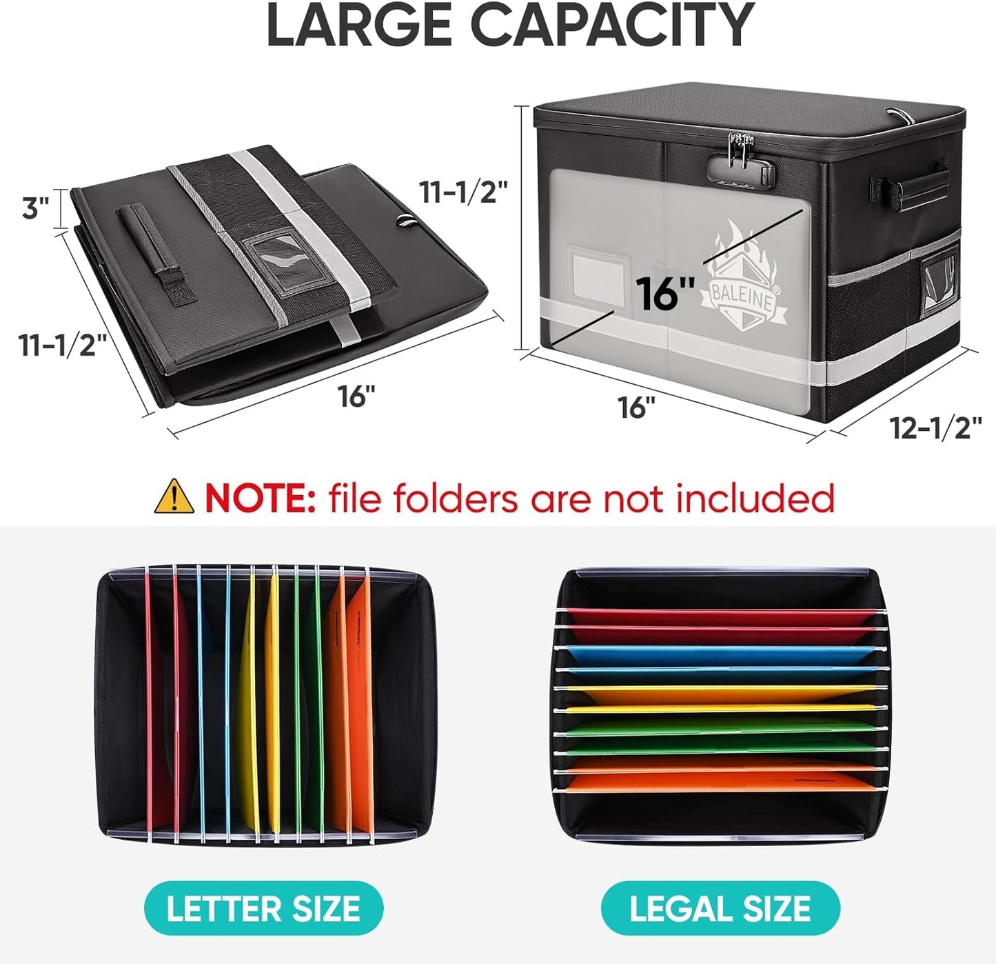 BALEINE Fireproof Document Box with Lock, Portable Fireproof Document Bag Waterproof Fire Proof File Boxes for Documents, File Organizer Box for Important Paperwork (Black, 16''x12.5''x11.5'')