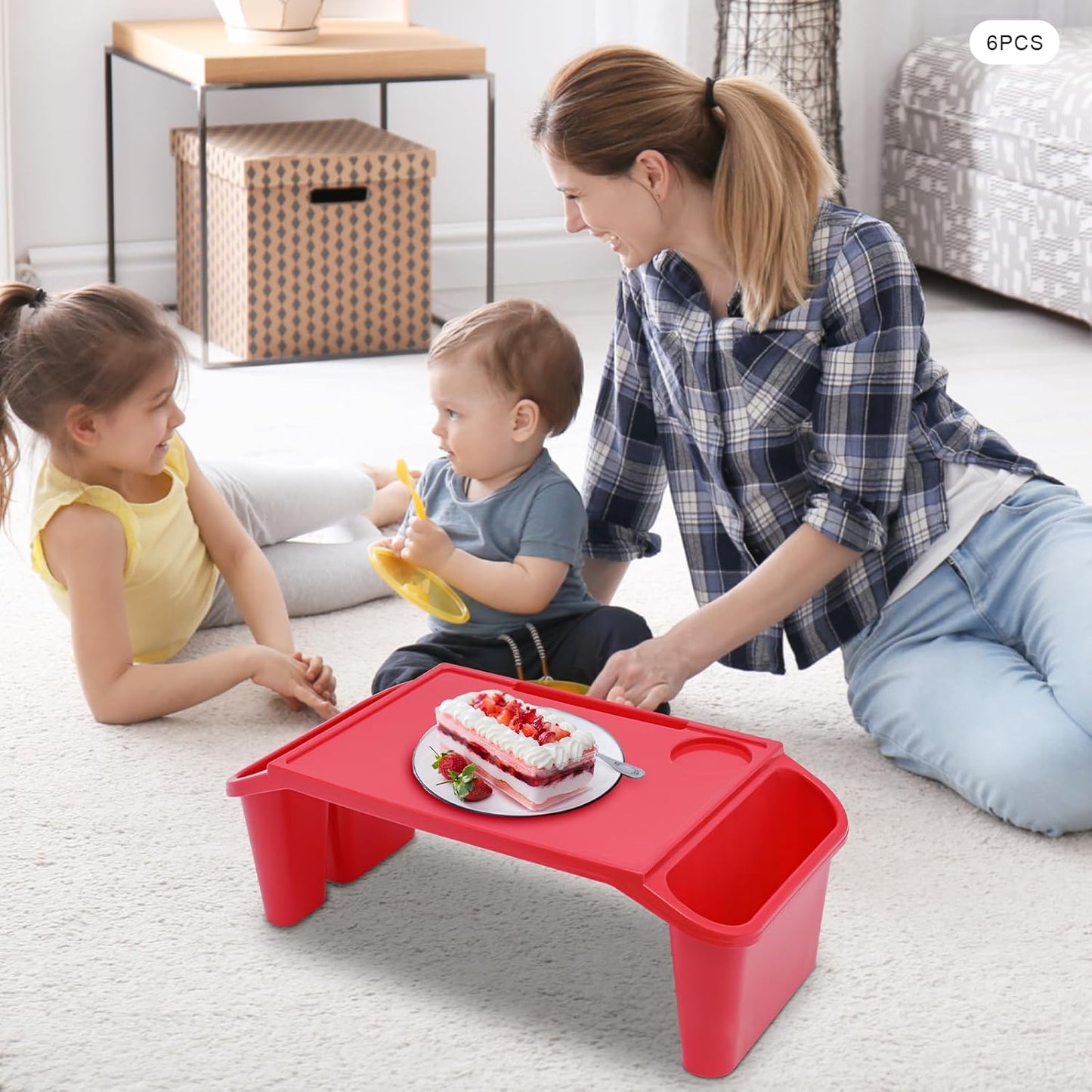 6 Pack Kids Lap Desk Tray with Storage Slots, Portable Lap Desk, Activity Tray, Drawing, Stackable, Writing, Eating, Classroom, 19.69" L x 9.84" W x 7.1" H (Red)