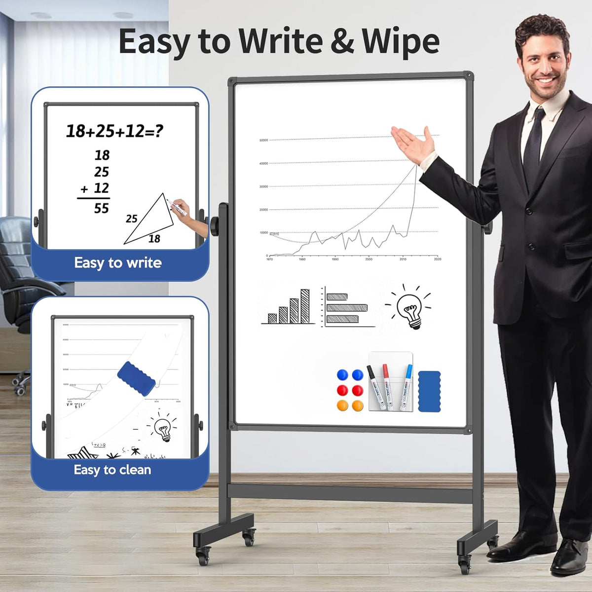 Rolling Whiteboard 40x28 Inches - Adjustable Height Standing Easel Whiteboard on Wheels for Home, Office, Classroom Black