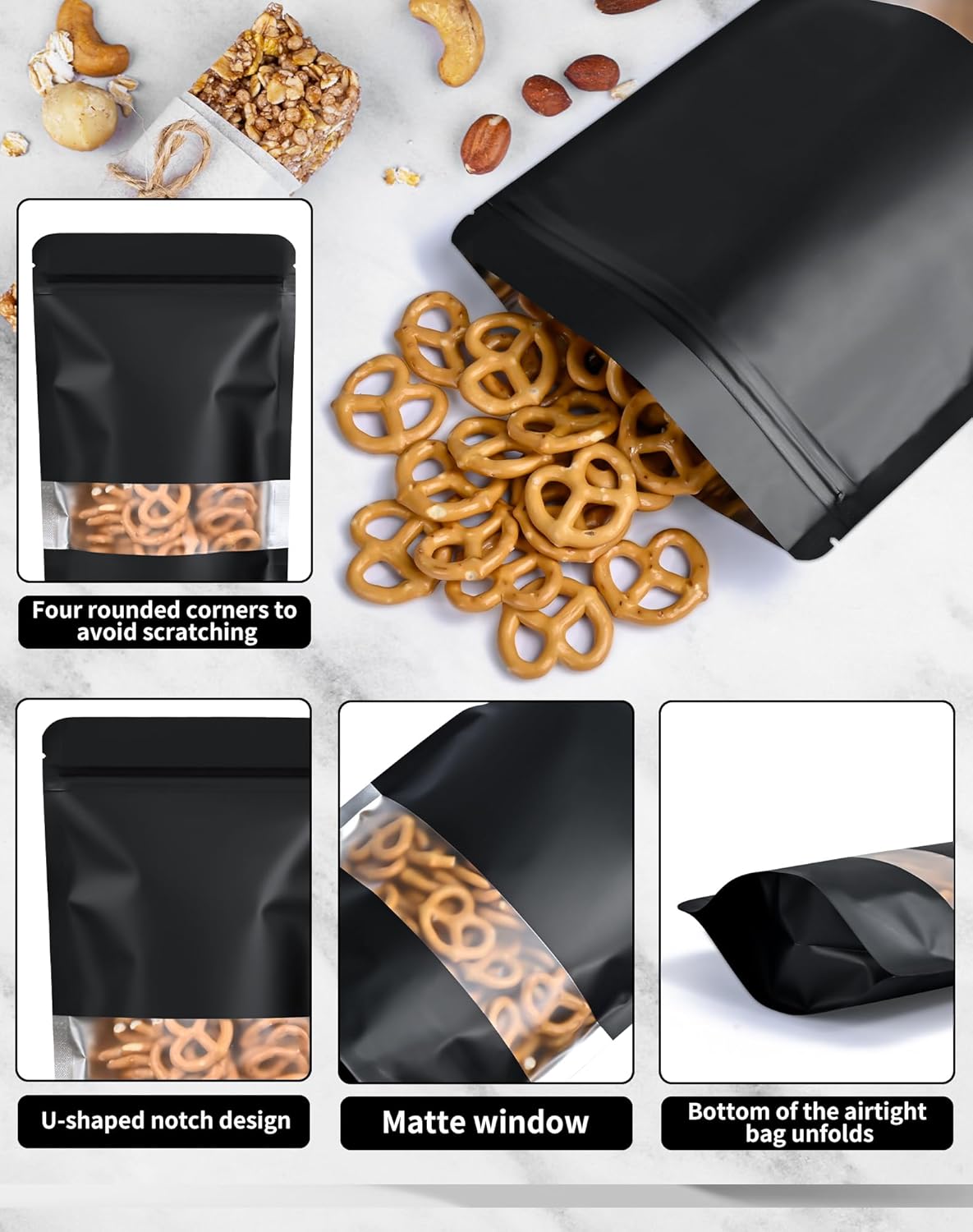 FireKylin 100 Pack Smell Proof Bags 7.9" x 11.8", Resealable Bags with Matte Window, Foil Pouch Stand Up Sealable Bags for Packaging（Black）