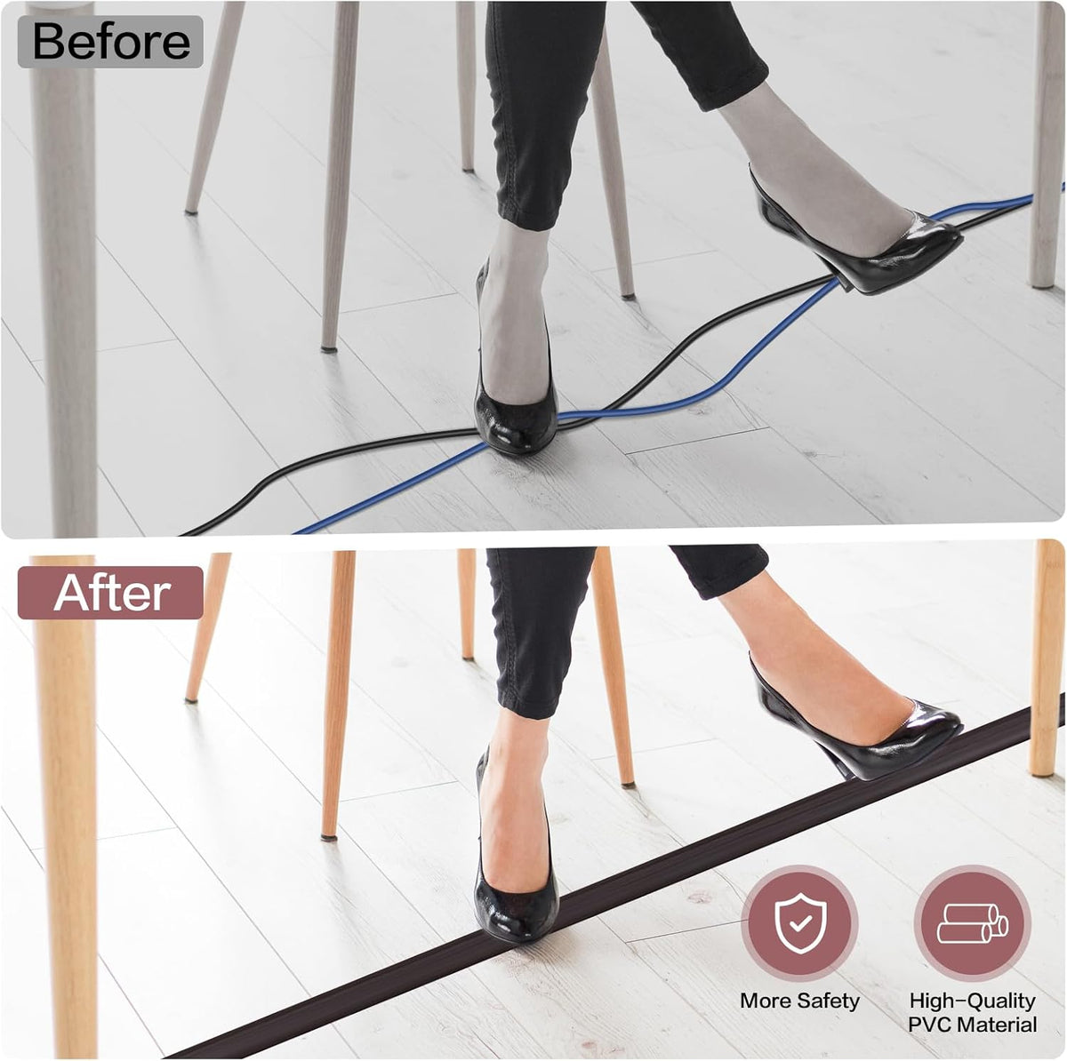 Floor Cord Cover Self Adhesive Cord Hider Floor Extension Cord Covers for Floor Power Cord Protector Cable Management Prevent Cable Trips Cable Cavity 0.51" W x 0.31" H (Dark Walnut, 3.3Ft)