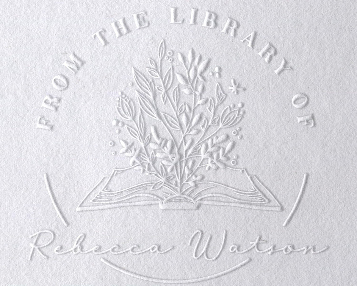 from The Library of | Ex Libris | Floral Book Stamp | Personalized Book Embosser | Custom Library Stamp | Monogram Self-Inking Wood Handle Stamper (2")