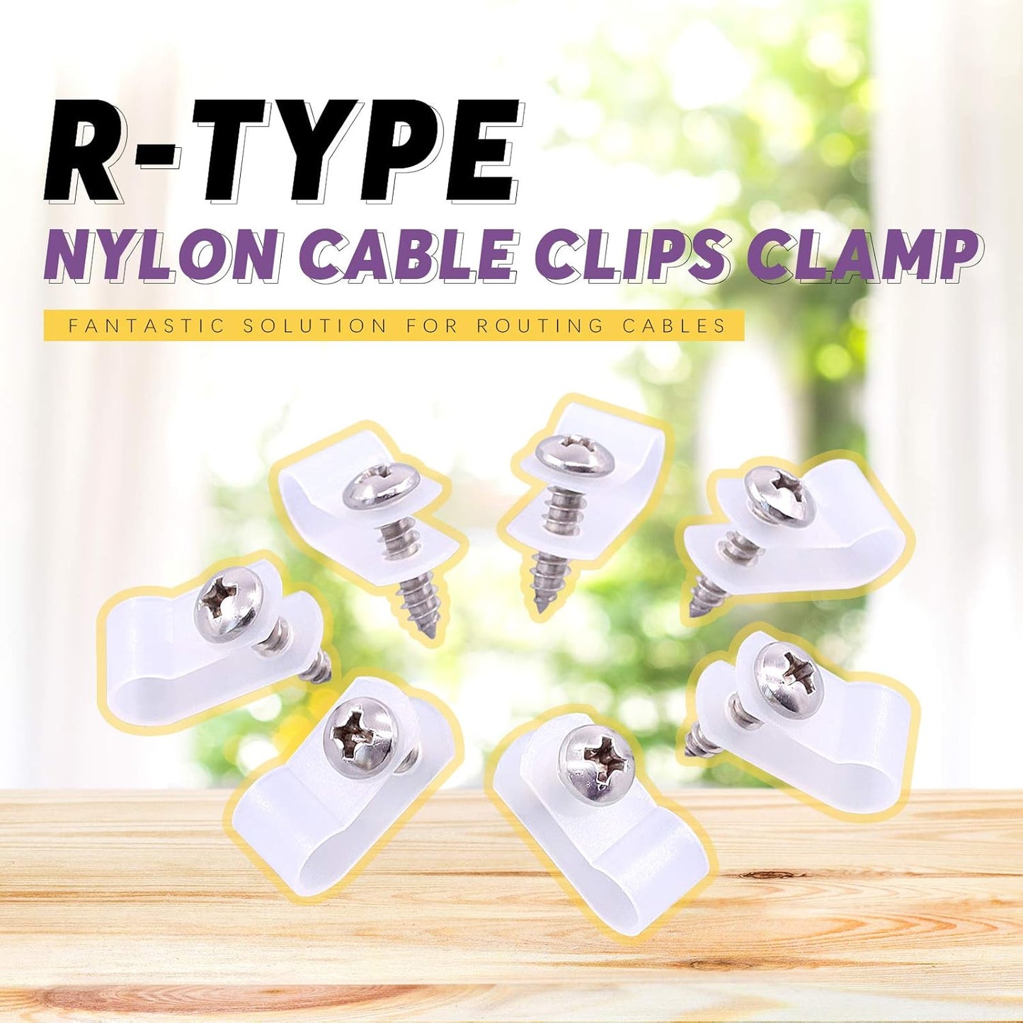 Swpeet 60 Pack White 1/4" Nylon Plastic R-Type Cable Clips Clamp Kit, Nylon Screw Mounting Cord Fastener Clips with 60 Pack Screws for Wire Management
