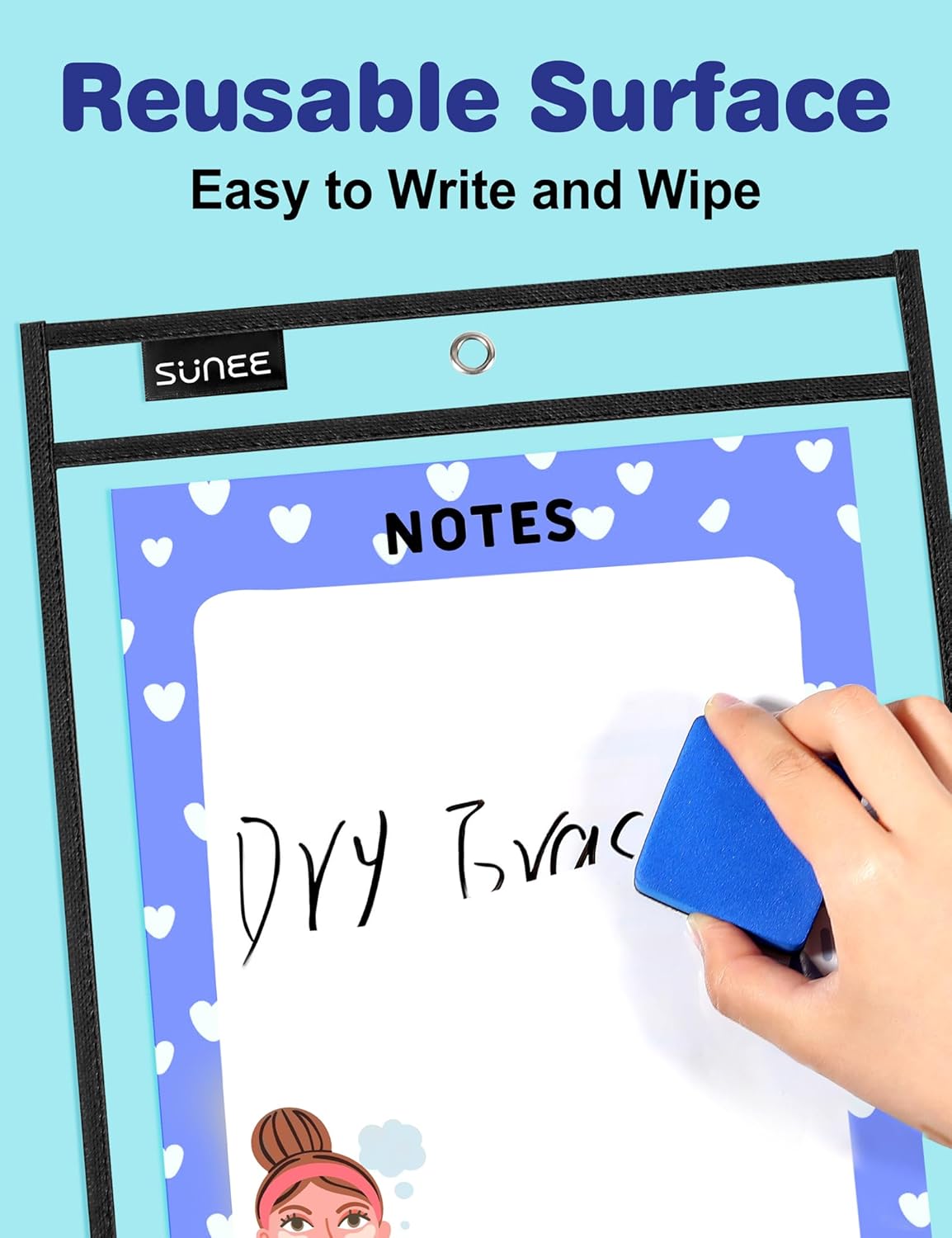 SUNEE 50 Packs Oversized Reusable Dry Erase Pocket Sleeves with 3 Rings, Black 10x14 Ticket Holders, Clear Plastic Sheet Protectors, Teacher School Classroom Supplies