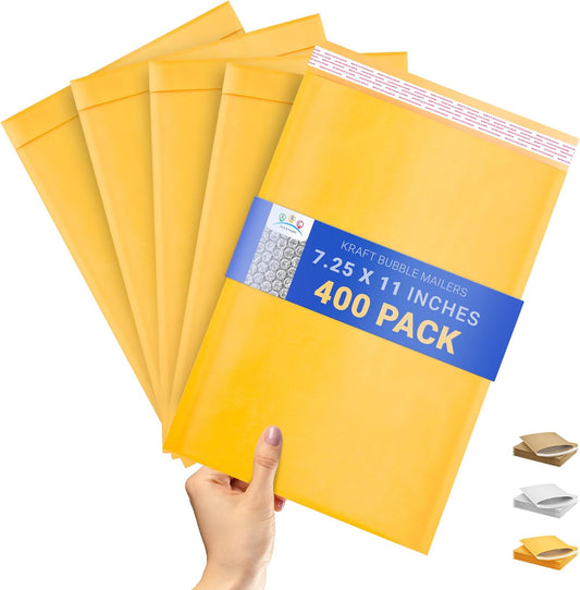 ABC PACK & SUPPLY Gold Kraft Bubble Mailer Envelopes, 7.25 x 11 Inches. 400 Pack Mail Padded Envelopes Self Seal. Kraft Bubble Mailers. Tear-Resistant Mailing Envelope Padded. Sturdy Paper Mailer