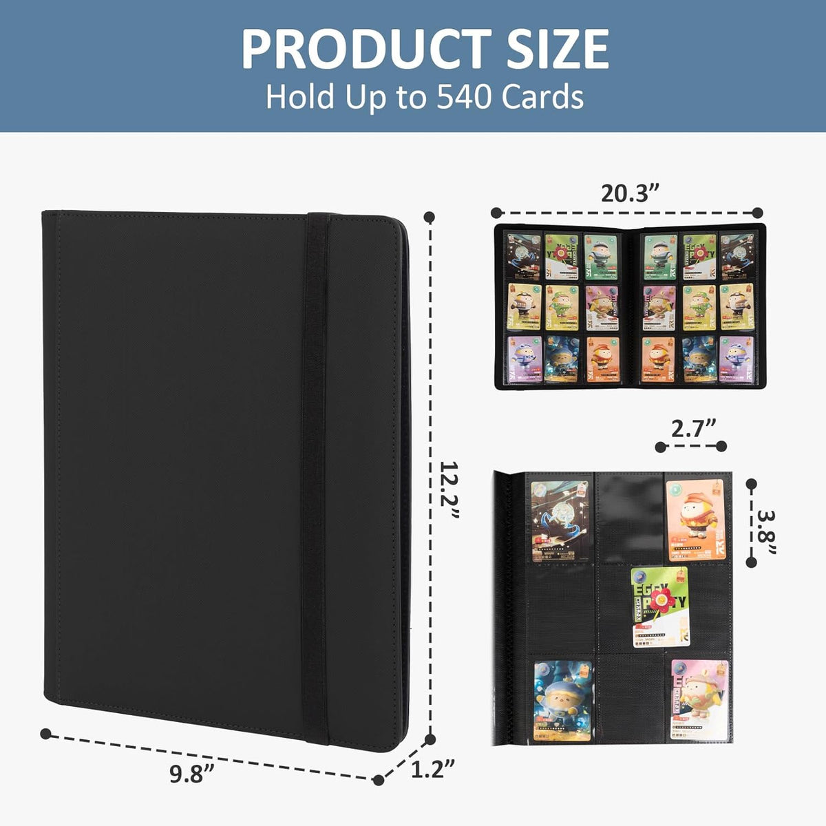 Trading Card Binder 9 Pocket, Fvxldcz PU Cover Card Collection Binder 540 Cards Sleek Side-Loading Card Album, Sturdy Card Collection Folder for TCG, MTG, Yugioh, Sport Cards (Black-2)