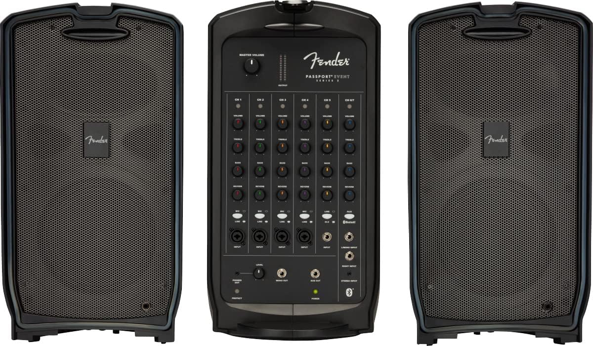 Fender Passport Event S2 Portable PA System Bundle with Compact Speaker Stands, XLR Cable, and Instrument Cable