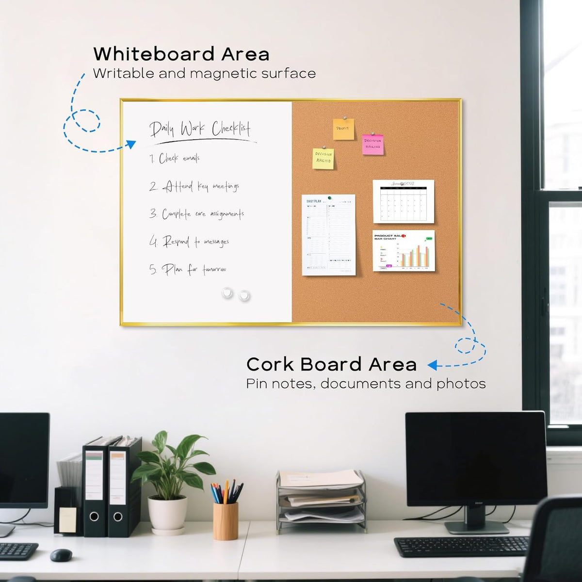 White Board Cork Board Combo, 24'' x 18'' Magnetic Dry Erase Board and Bulletin Board, Gold Aluminum Frame Vision Board Message Board for Home Office School Dorm