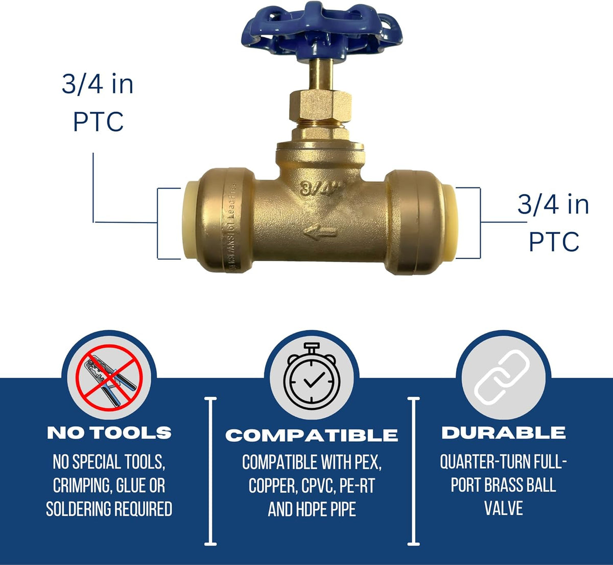 3/4 inch Push Fit Stop Valve with Drain and Vent, Push to Connect Brass Plumbing Fitting, Pex Pipe, Copper, CPVC, PE-RT, HDPE, 2-5-2=5, 5 Pieces