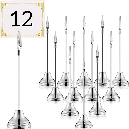 12 Pcs Table Number Holders 8 Inch Place Card Holder with Alligator Clip Metal Table Card Holders Table Number Stands Table Sign Holders for Photos, Food Signs, Birthdays, Weddings (Silver)