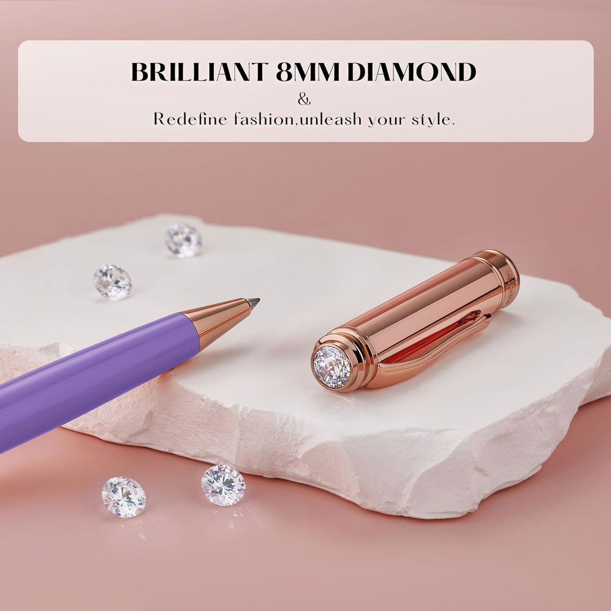 Luxury Gel Pen, Top Set With 8mm Brilliant Diamond,Stylish Purple Pen Body,Attractive Rose Real Gold Finish, Black Ink Refill,Elegant Gift Pen For Women, Unique, Fancy, Office Pens