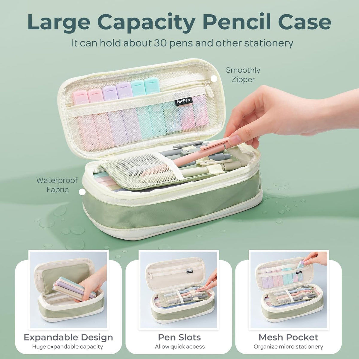 Nicpro 50PCS Aesthetic School Supplies with Cute Pencil Case, 5 Quick Dry Black Ink Pens, 12 Pastel Highlighters, 6 Mechanical Pencil 0.5, 0.7, 0.9 & 2.0 mm for Students Stationary College Essentials
