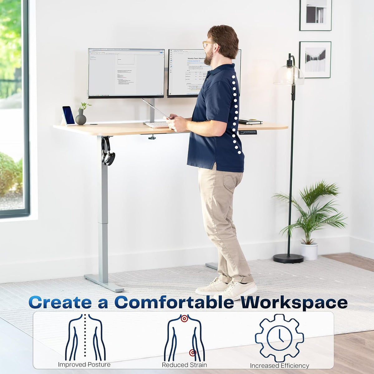 VIVO Electric 63 x 32 in Standing Desk, Memory Height Adjustment, 1B Series, Light Wood Top Gray Frame, DESK-KIT-1G1C
