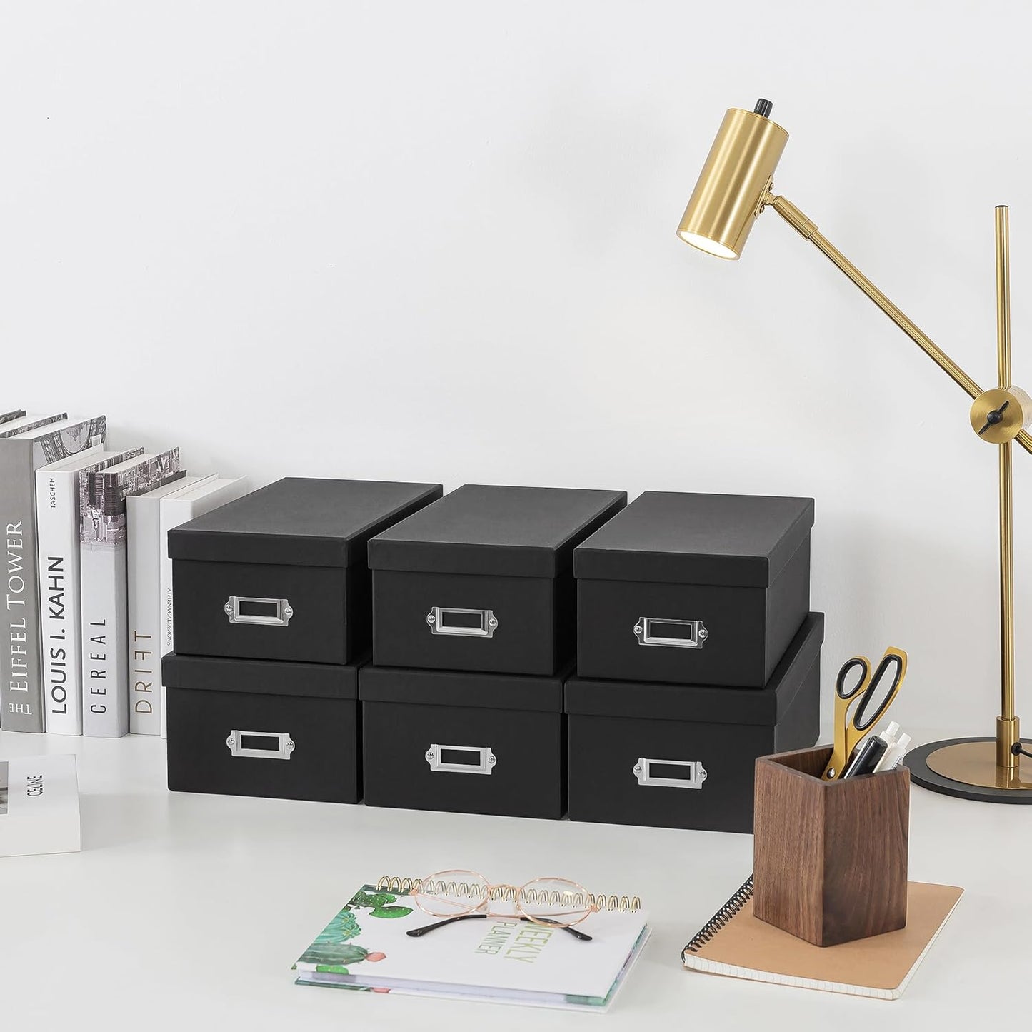 Soul & Lane Black Storage Boxes - Set of 6 (3 Large, 3 Medium), Keepsake Memory Storage Boxes with Lids, Cardboard Organizers with Label Holders for Photos, Crafts, Collectibles