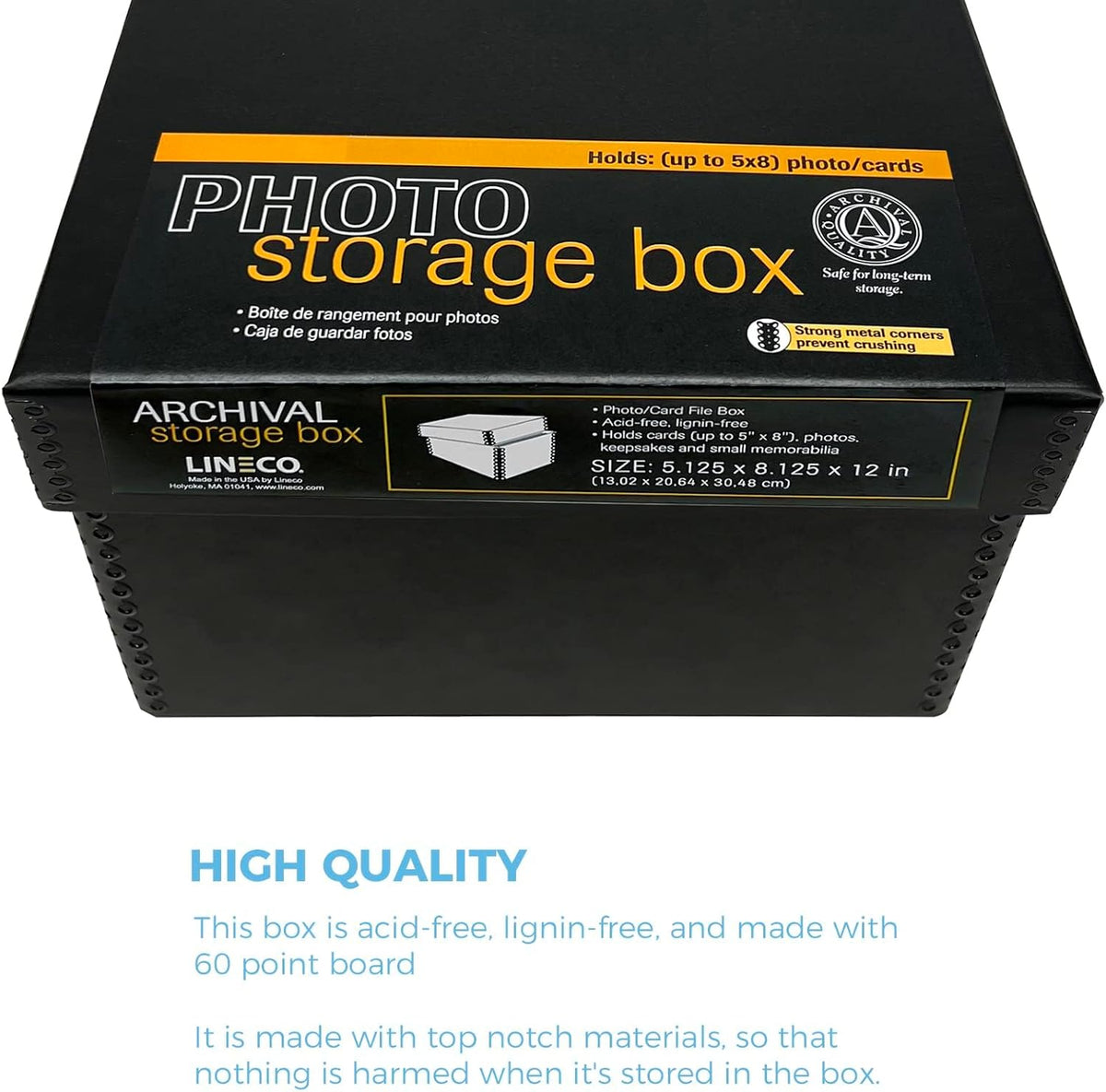 Lineco, Photo Card Box, Museum-Quality Archival Storage, Acid-Free with Removable Lid, Bulk Storage for Negatives, Prints, Films, Photos, Snapshot, 5x8x12 Inches, Black, 2 Pack