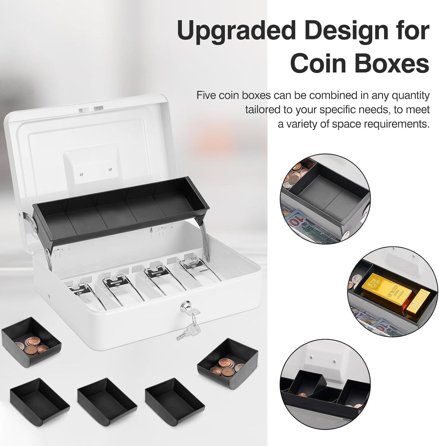 Large Locking Cash Box with Key Lock and Money Tray, Money Box with Cash Tray, Lock Safe Box for Office Business, 11.8" x 9.5" x 3.5", White