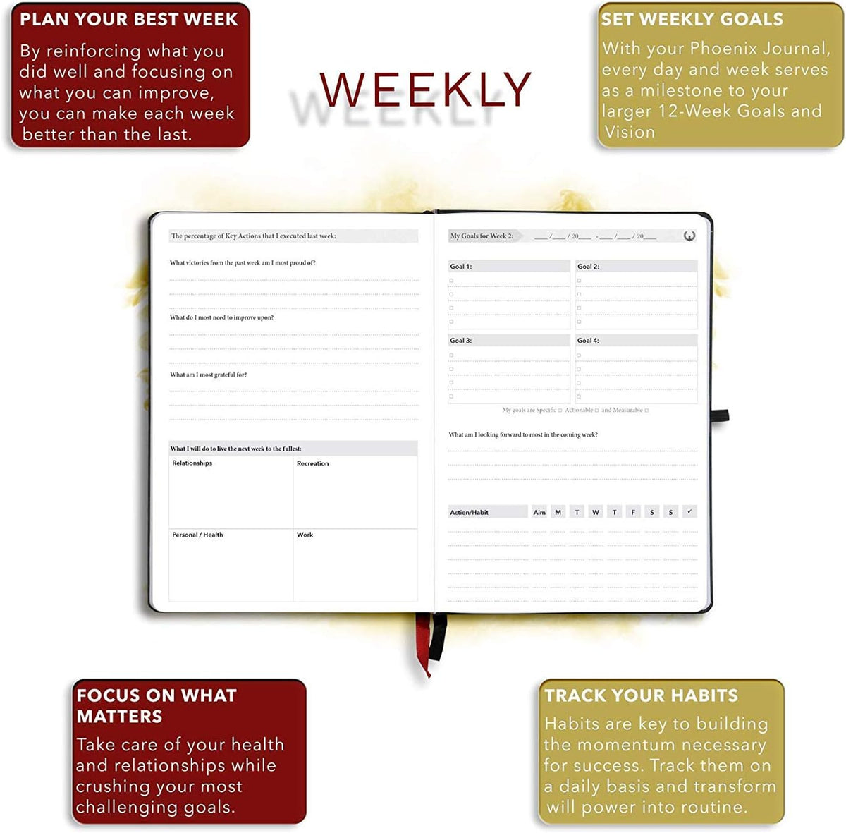 The Phoenix Journal - Best Daily Goal Planner, Organizer, & Calendar for Goal Setting, Gratitude, Happiness, & Productivity - Vision Board & Habit Tracking - 12 Weeks, Undated, Hardcover (Purple)