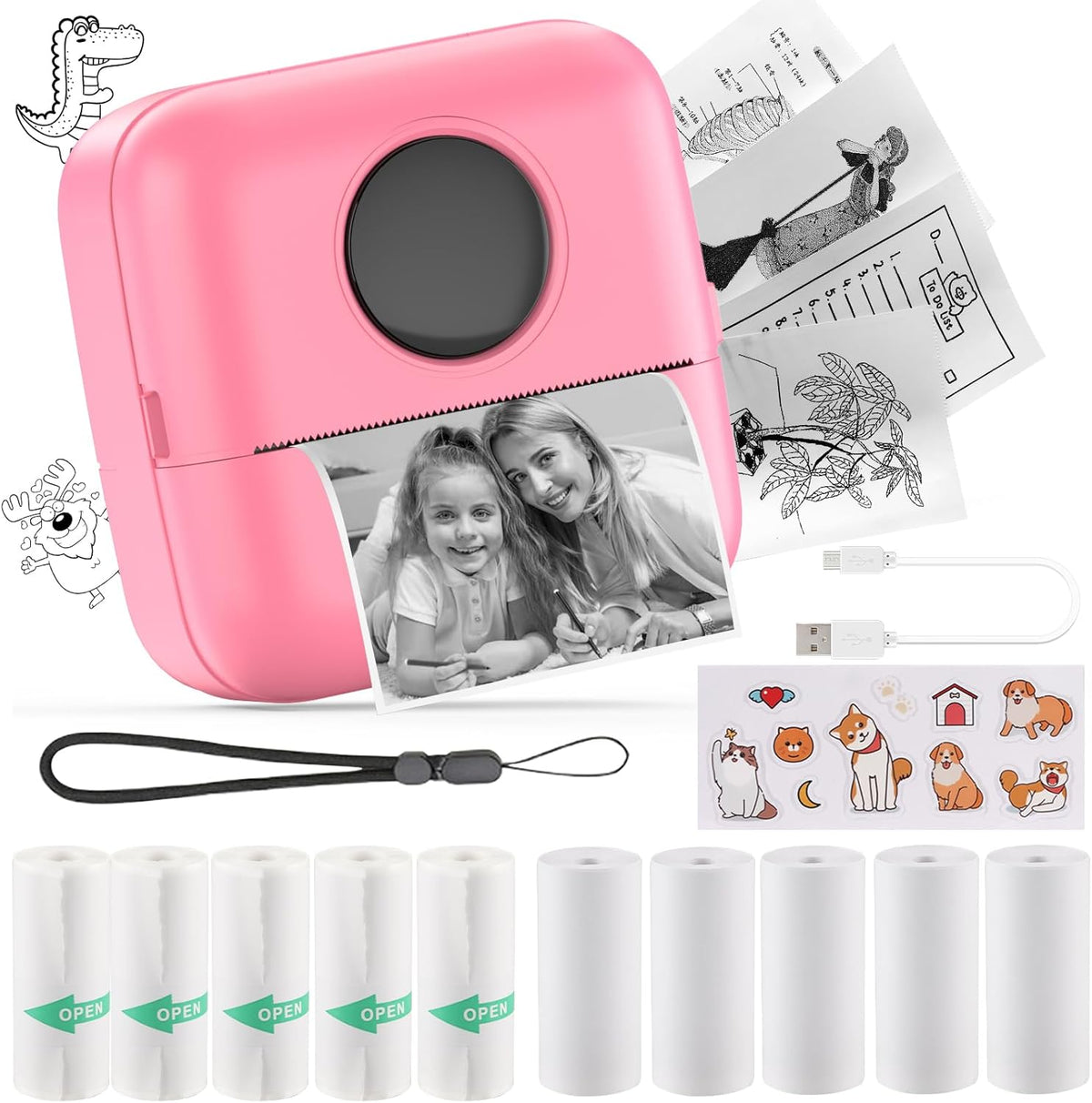 HuiJuKeJi Mini Sticker Printer Bluetooth Smart Pocket Inkless Thermal Printer with 11 Rolls Thermal Paper and Sticker for iOS&Android, Portable Receipt Printer for Photo Note Memo (Rose)