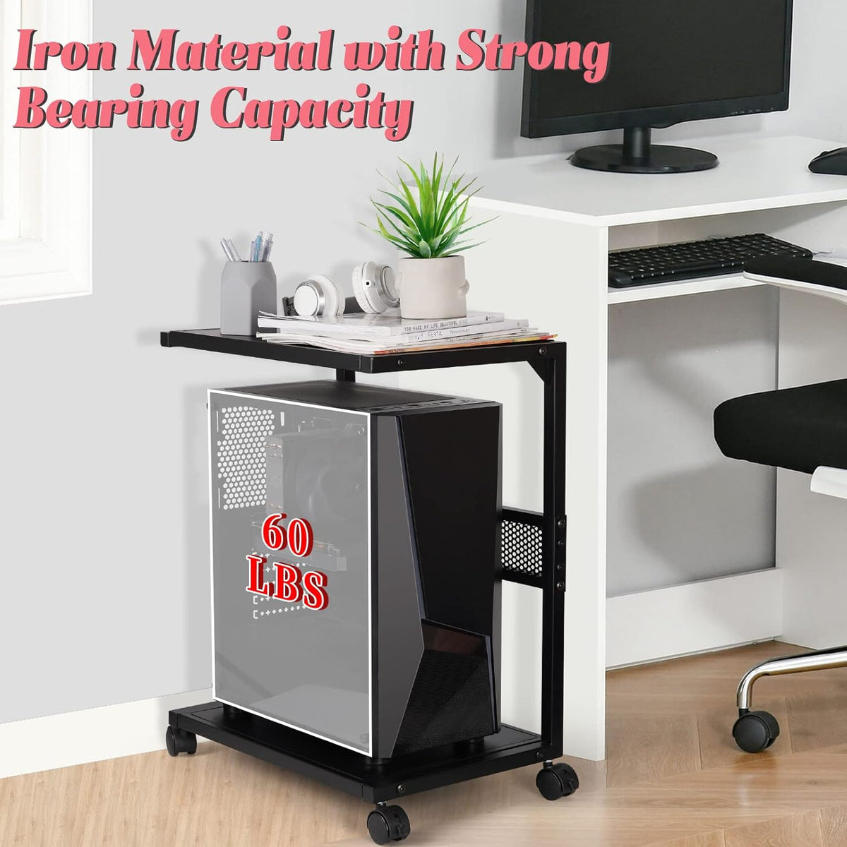 Liitrton PC Tower Stand 2-Tier CPU Stand with Locking Caster Wheels for Office & Home - Iron-Black