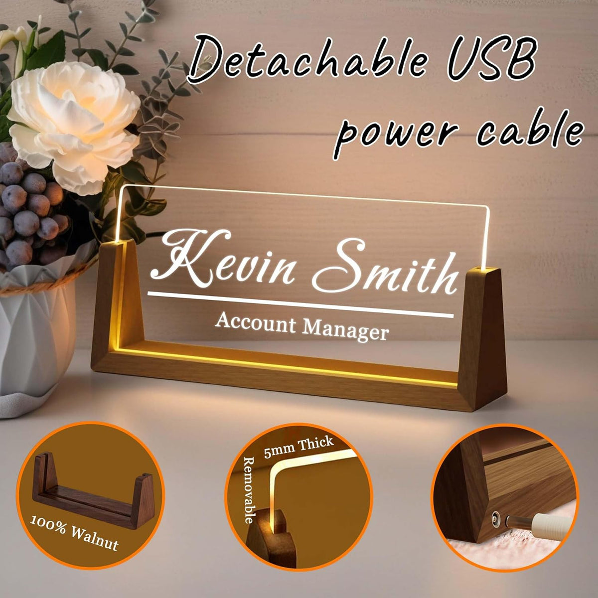 Personalized Desk Name Plate with LED Light & Wooden Base, Custom Acrylic Name Sign | Custom Office Decor & Appreciation Gifts for Boss Coworkers, New Job Promotion Gift (Style 5)