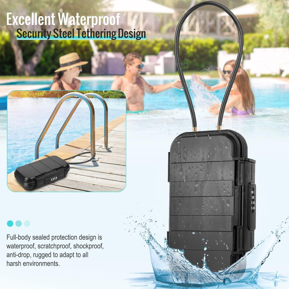 BKNOOU Portable Safe with Removable Chain, Anti-Theft Beach Safe Box, Waterproof Combination Lock Box for Travel, Dorm, Beach, Hotel, Car, Home, Office