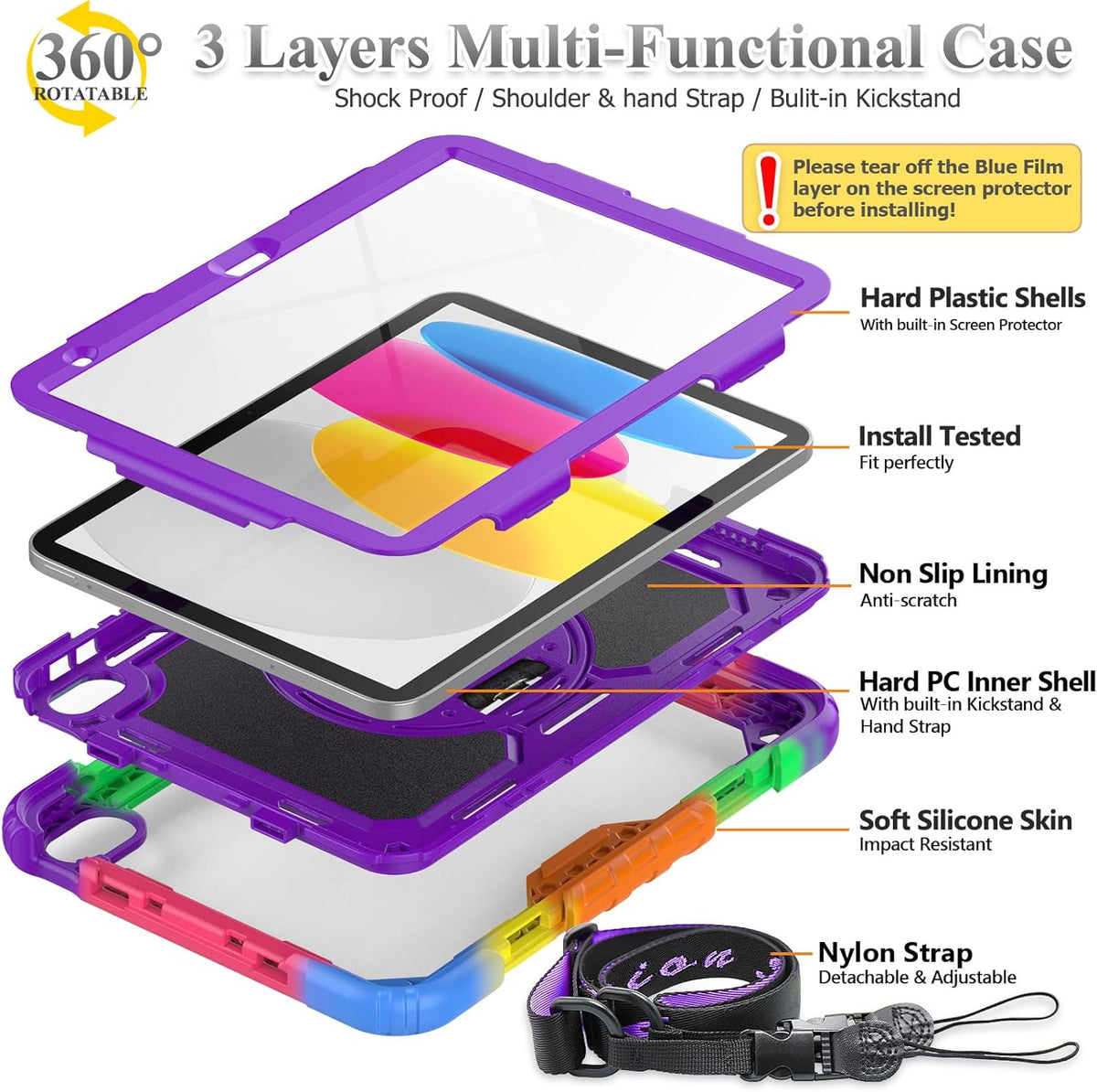 SEYMAC stock Case for iPad (A16) 11th/10th Generation 11''/10.9'' 2025/2022, Full-Body Drop Protection Case with Screen Protector &360° Rotate Hand Strap/Stand, Purple+Colorful