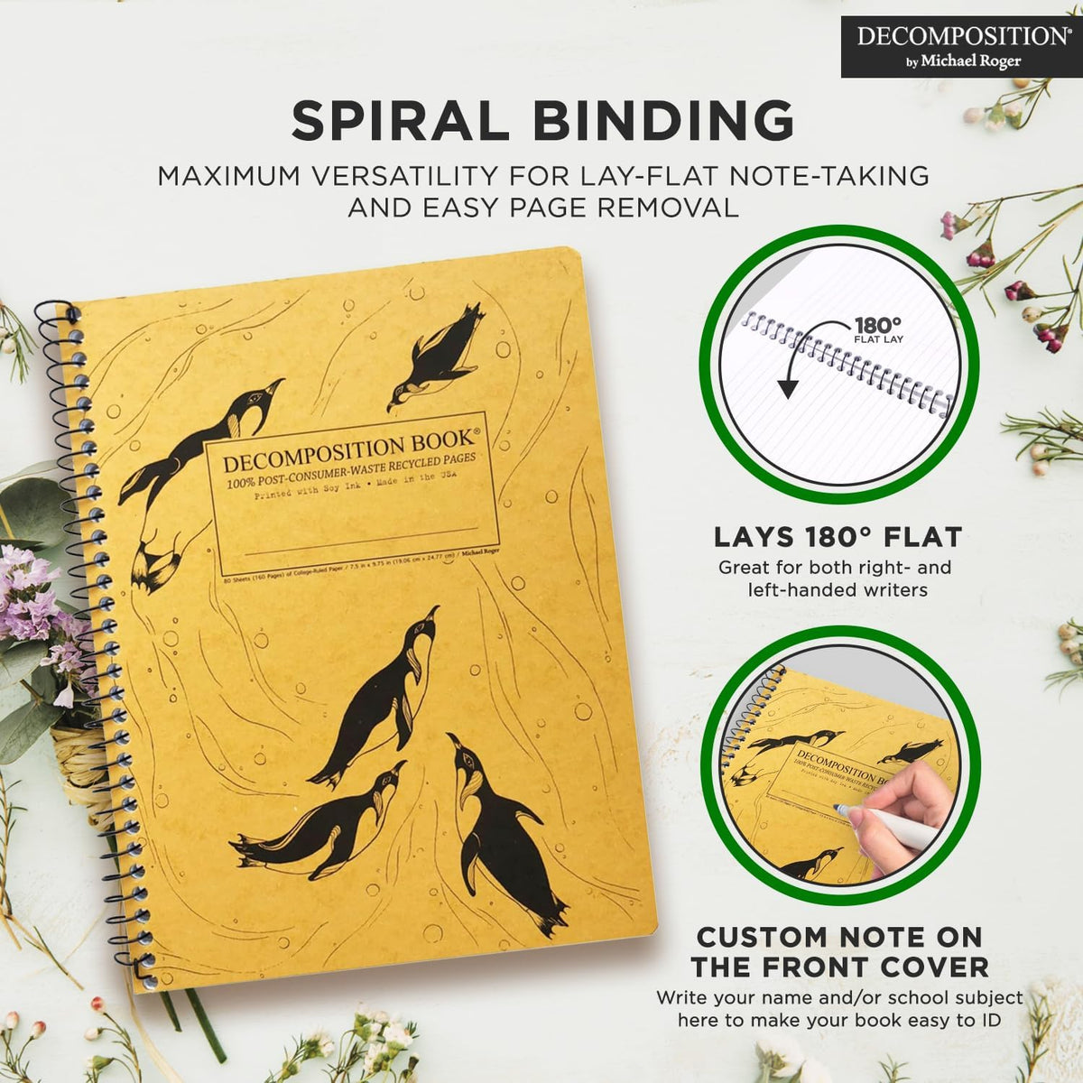 Decomposition King Penguins College Ruled Spiral Notebook - 9.75 x 7.5 Journal with 160 Lined Pages - 100% Recycled Paper - Cute Notebooks for School Supplies, Home & Office - Made in USA