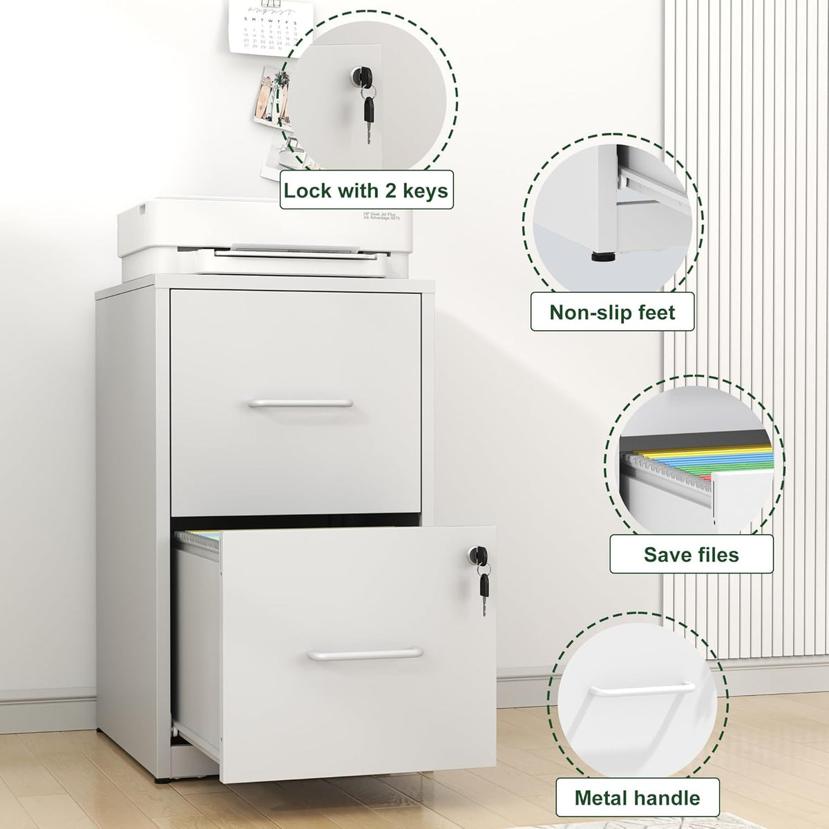 2 Drawer File Cabinet with Lock, Vertical File Cabinet with Lock, Locking File Cabinet Hanging Files for A4/ Legal/Letter,White