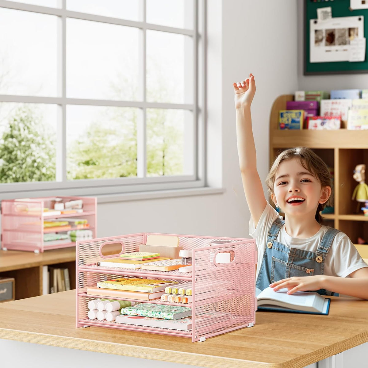 Subekyu 2-Pack 3-Tier Pink Metal Mesh Desk Paper Letter Tray & File Sorter Organizer with Handle + 1 Sliding Tray for Desk, Home, Office, School Supplies, A4 Paper and Accessories Storage