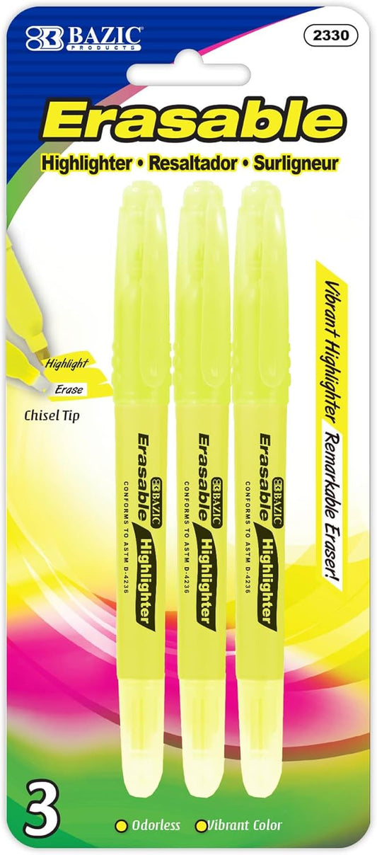 BAZIC Erasable Highlighter, Chisel Broad Line Fine Point Highlighters, Unscented Highlighting Coloring Erase Marker (3/Pack), 144-Packs
