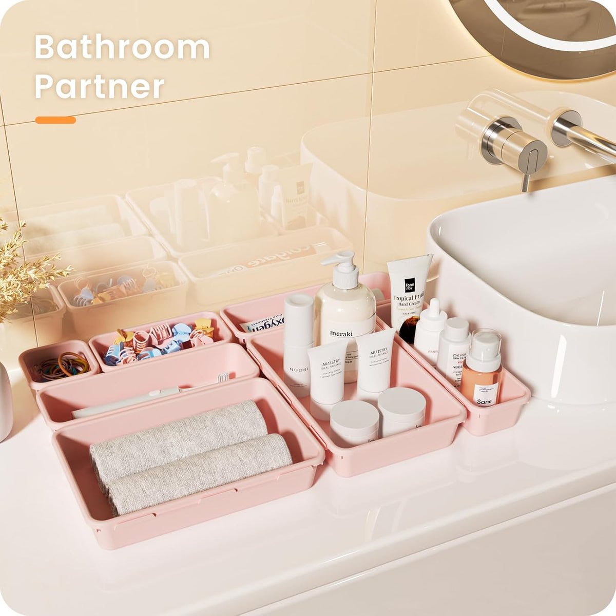 【28PCS】A-LUGEI Drawer Organizer, Bathroom Organizers and Storage, Makeup organizer, Desk drawer organizer, Storage Bins for Kitchen Office Bedroom Vanity Jewelry Pantry Garage【Pink】【4Size】