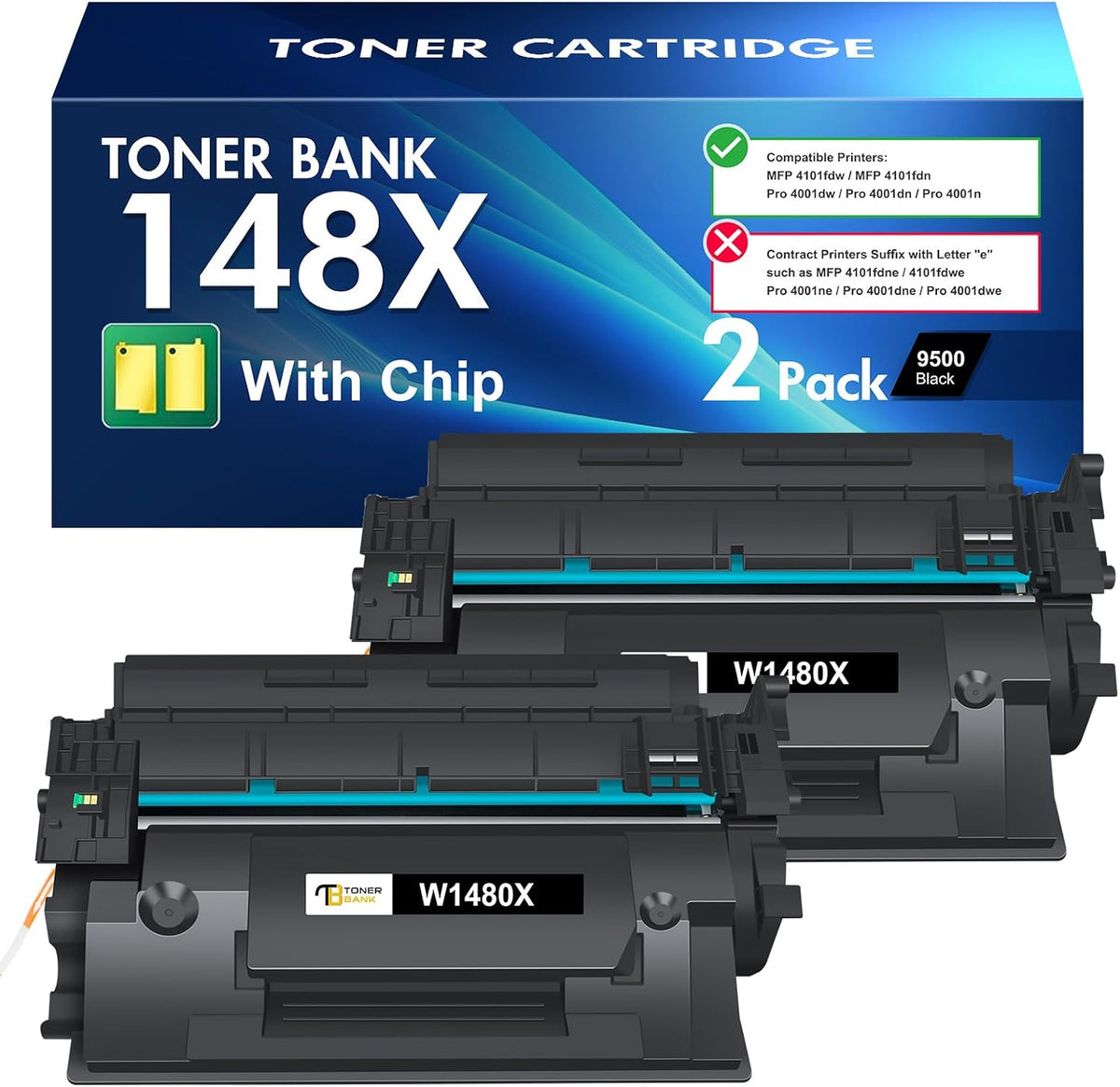 148X 148A Toner Cartridge Black High Yield Compatible Replacement for HP 148X 148A W1480X W1480A for HP Laserjet Pro 4001dw 4001dn 4001n MFP 4101fdw 4101fdn Printer Ink (with Chip) 2Pack