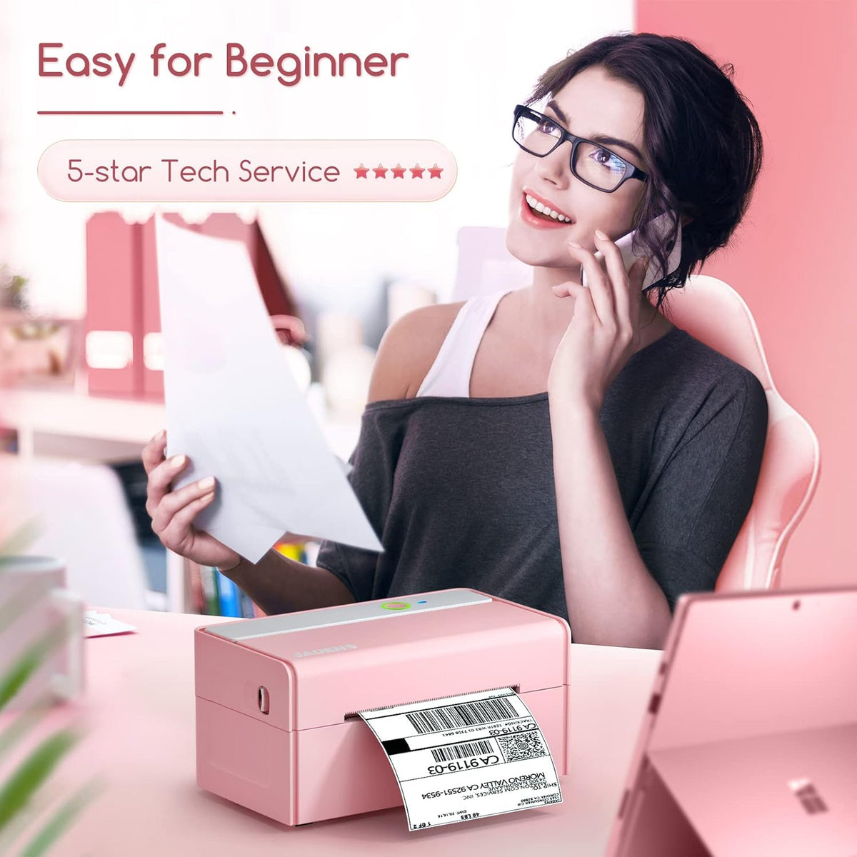 JADENS Bluetooth Thermal Label Printer -Wireless Shipping Label Printer for Small Business & Package, USPS, Etsy, Amazon, Compatible with iPhone, iPad, Mac, Windows, Android, 4x6, Label Maker, Pink