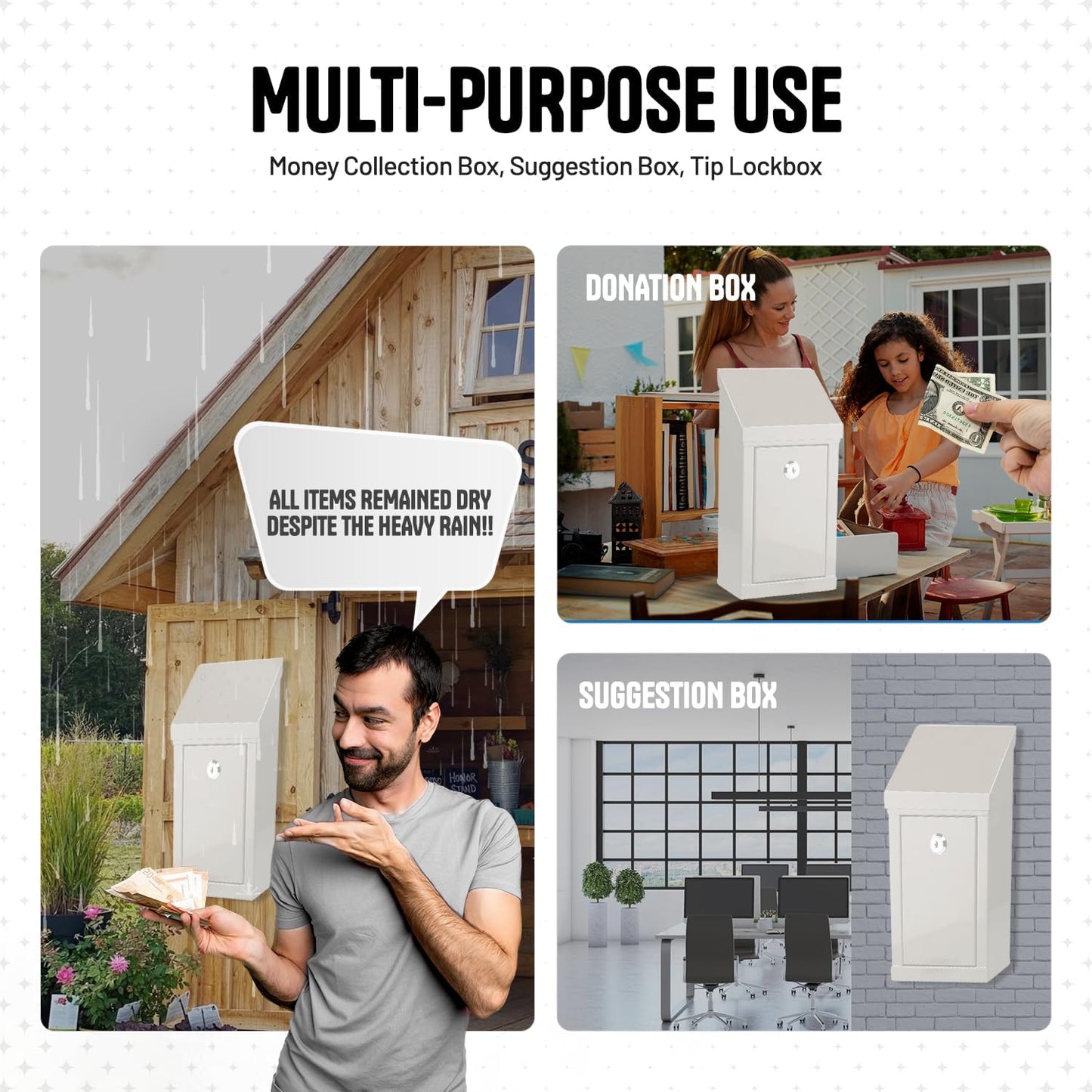 Metal Donation Box-Suggestion Box with Slot and lock-Cash Lock box for Money-Drop Box-Outdoor Waterproof Mailbox and ballot box-comes with pre-drilled holes for easy wall mounting 10 X 6 X 2.5"(White)