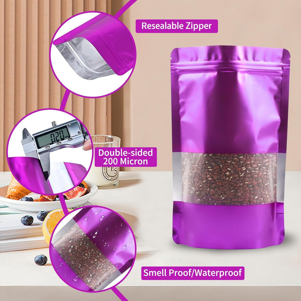 100 Pack Smell Proof Bags, Resealable Purple Mylar Bags with Matte Window, Foil Pouch Stand Up Sealable Bags for Packaging, 6.29 × 9.44 Inch
