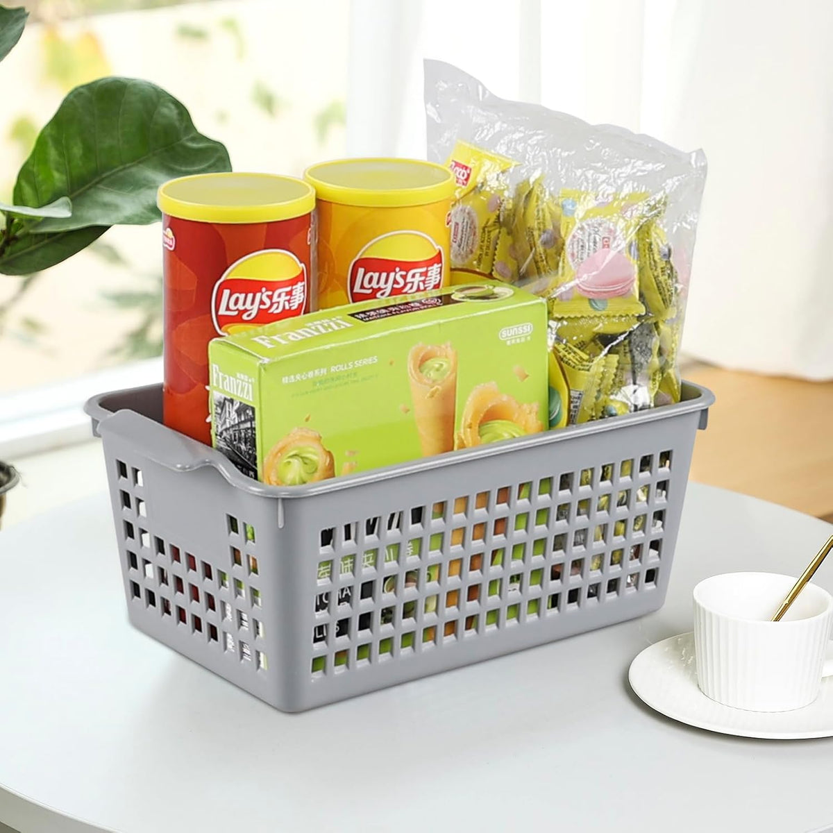 Plastic Storage Baskets, 6 Packs Shelf Kitchen Pantry Organizer Bins, Grey