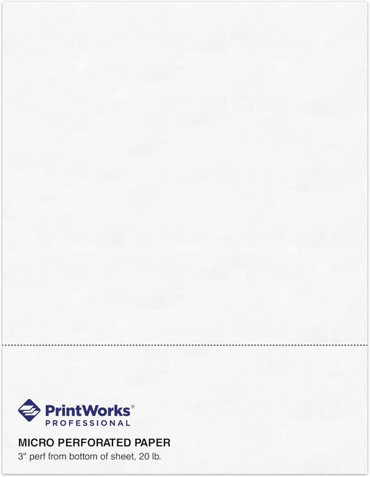 PrintWorks Professional 3" Horizontal Perforated Paper 8.5” x 11” - Perfect For W-2, 1099, & Statement Use - Made in the USA - 500 Sheets - 20 lb - Printer Compatible - White (04167)