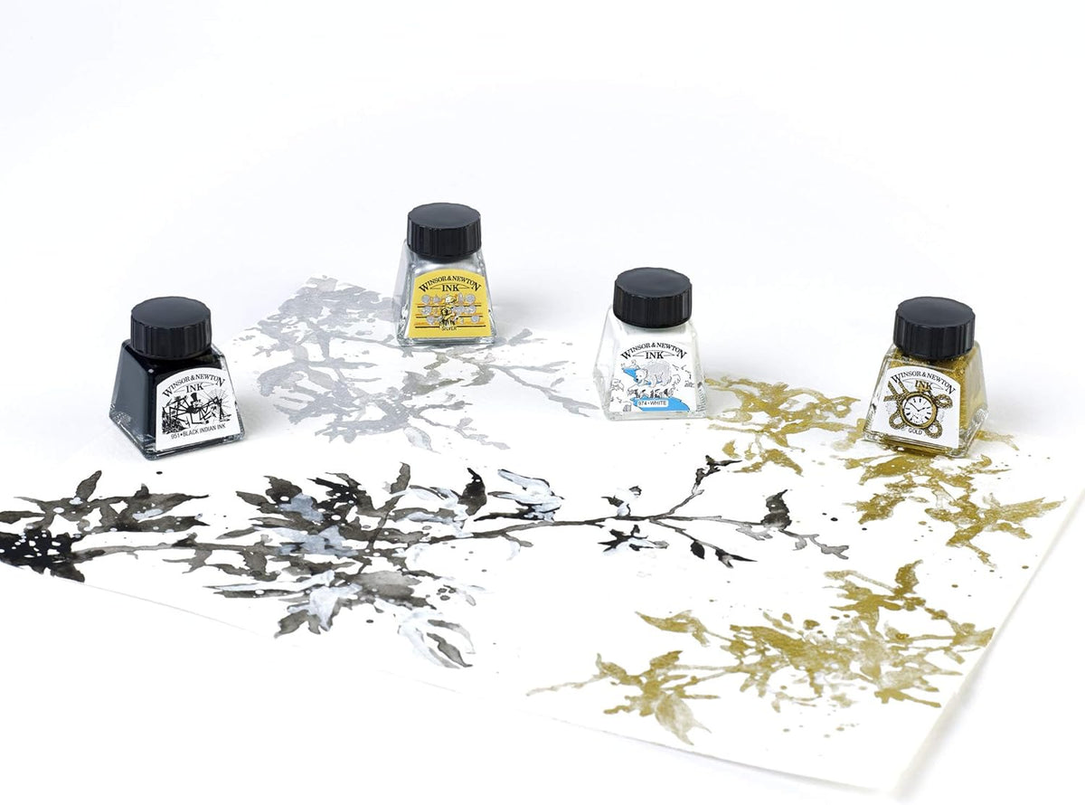 Winsor & Newton Collection Drawing Ink Set, Set of 4, Black, White, Metallic Tones